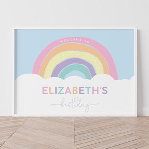 May include: A pastel rainbow with white clouds and the text "Welcome to Elizabeth's birthday" on a light blue background.