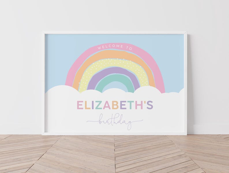 May include: A pastel rainbow with white clouds and the text "Welcome to Elizabeth's birthday" on a light blue background.