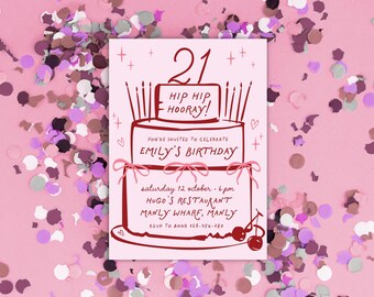 21st Birthday Invitation, Hand-Drawn Coquette Cake Pink Bows, Whimsical Retro Twenty First, Editable Digital Instant Download