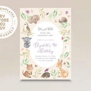 Australian Animal Birthday Invite Corjl Template | Let&#39;s get Wild Native Animals | Birthday Koala Kangaroo Kookaburra INSTANT DOWNLOAD M075