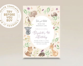 Australian Animal Birthday Invite Corjl Template | Let's get Wild Native Animals | Birthday Koala Kangaroo Kookaburra INSTANT DOWNLOAD M075