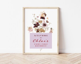 Fairy Birthday Party Welcome Sign Editable, Girls First Birthday Party Decor Welcome Sign, Fairy Wildflowers Boho, DIY Digital Download M033