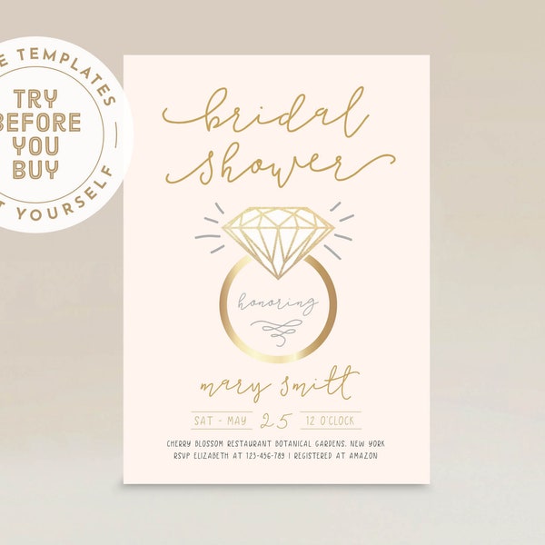 Ring Bridal Shower Invite | Ring Diamond Modern | Minimalistic Gold Silver Chic Bridal Shower Invite | Editable Template | INSTANT DOWNLOAD