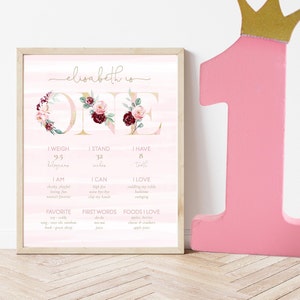 Cartel de hito del primer cumpleaños de las niñas, firma de hitos niña, oro rosa floral floral, hito moderno floral, signo de cumpleaños de las niñas, primer cumpleaños