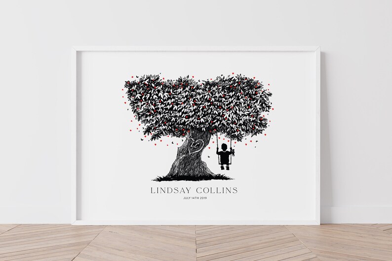 Boys Nursery Wall Art Tree Trunk Heart Boys Initial art Boy on a swing in a tree Personalised Name Gift Baby Boy Love Hearts zdjęcie 1