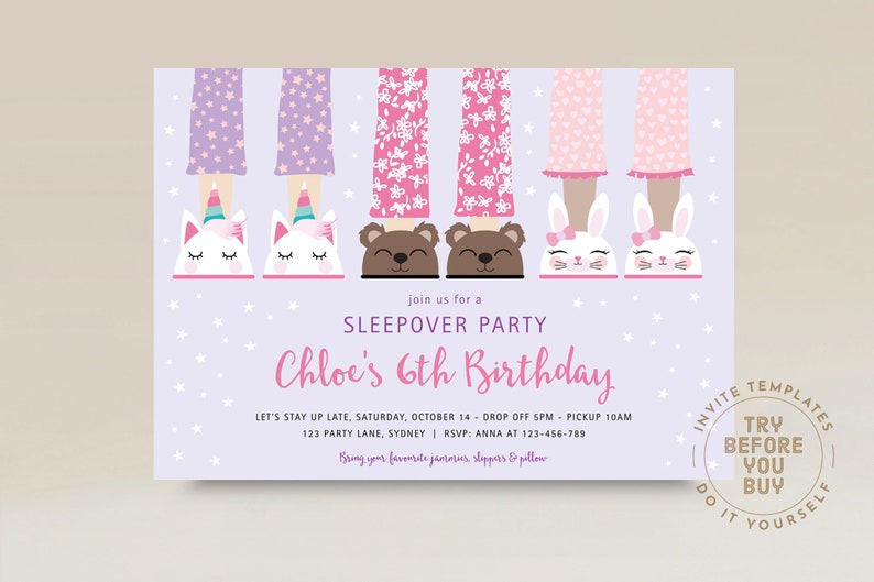 Sleepover Slumber Party Invitation, Pink Girl Tween Teen Sleep Over Party, Editable INSTANT DOWNLOAD Slumber Invite, Printable DIY Template image 2