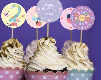 Pastell Blumen Geburtstag Cupcake Toppers, bearbeitbare Frühlingsgarten Kuchendekoration, druckbare Mädchen 2. Geburtstag Kuchen Topper M134