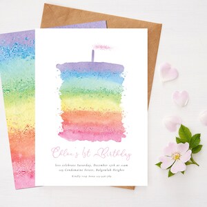 Rainbow Birthday Cake Invite Girl, Rainbow 1st Birthday Party, First Birthday, Modern Rainbow Party, Editable Invite Instant Download M041