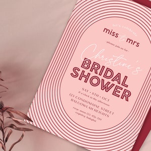 Miss to Mrs Bridal Shower Invitation, Editable Template Arch Bridal Shower, Bachelorette Party digital Download, Minimalist Pink Shower M080 image 1