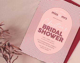 Miss to Mrs Bridal Shower Invitation, Editable Template Arch Bridal Shower, Bachelorette Party digital Download, Minimalist Pink Shower M080