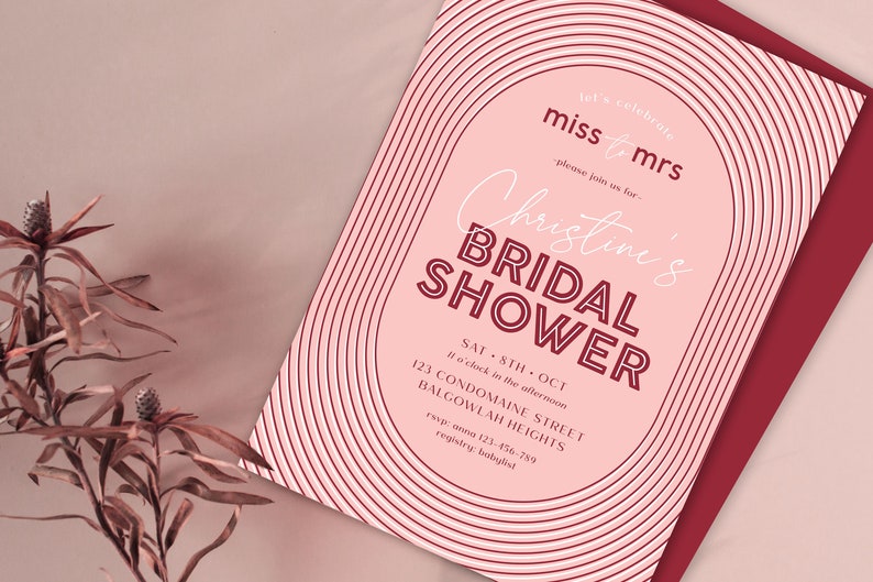 Miss to Mrs Bridal Shower Invitation, Editable Template Arch Bridal Shower, Bachelorette Party digital Download, Minimalist Pink Shower M080 image 1