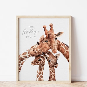 Personalised Family Portrait, Giraffe Illustration, Family of four, Anniversary Gift, Family Poster with names, Second baby gift, Siblings