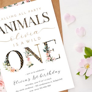 Calling all Party Animals Wild One 1st Birthday Invitation, Floral Safari Animal Print 1st Birthday, Editable Template Wild One Invite M004