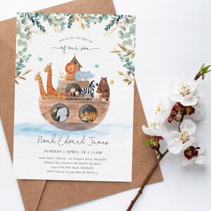May include: A watercolour illustration of a wooden ark with animals on board, including a lion, giraffe, zebra, and elephant. The ark is surrounded by green leaves and the text "Join us for the baptism of our son Noah Edward James Sunday | April 28 | 11AM Saint Mary's Church, 123 Newport Street, Maryville Followed by a lunch at the Smith's Residence 123 Little Pine Road, Smithville RSVP Lisa at 123-456-7890 by March 15" is printed below the ark.