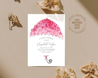 Umbrella Baby Shower Invite Girl | Editable Template | Modern Minimalist Pink Gold Floral Umbrella | Winter Showers | INSTANT DOWNLOAD m054