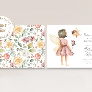 May include: A printable invitation for a 5th birthday party with a floral pattern and a fairy illustration. The text reads "Flutter & Jaurl with the Birthday Girl. Chloe's 5th Birthday."