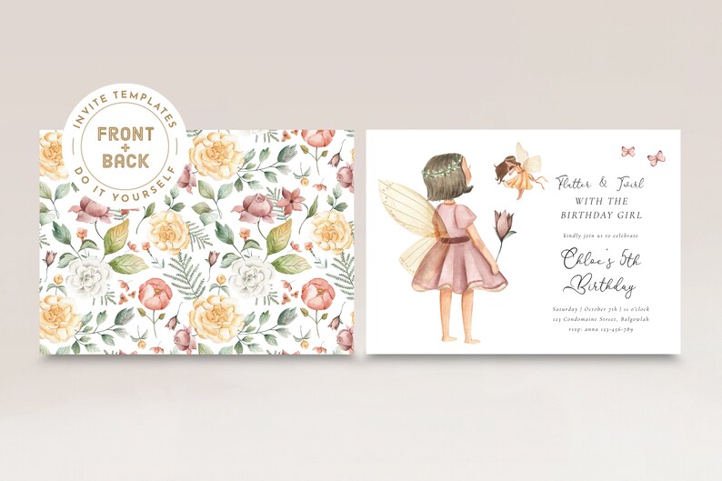 May include: A printable invitation for a 5th birthday party with a floral pattern and a fairy illustration. The text reads "Flutter & Jaurl with the Birthday Girl. Chloe's 5th Birthday."