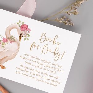 Swan Baby Shower Books for Baby Card, Baby Shower Insert Card, Books for Baby Insert, Modern Floral Swan, Pink Gold, Books for Baby, M002 image 1