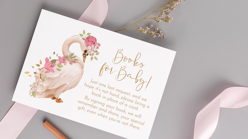 Swan Baby Shower Books for Baby Card, Baby Shower Insert Card, Books for Baby Insert, Modern Floral Swan, Pink Gold, Books for Baby, M002 image 1