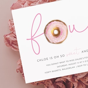 Fourth birthday Invite Girl, Donut Birthday Party, Minimalist Modern Pink Donut, Four Ever Sweet Editable DIGITAL printable INSTANT DOWNLOAD