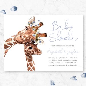 Boy Baby Shower Invite, Baby Shower Giraffe, Baby Sprinkle Boy, Couples Shower, Baby Giraffe and mom, Blue Modern floral Giraffe Safari M032
