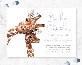 Boy Baby Shower Invite, Baby Shower Giraffe, Baby Sprinkle Boy, Couples Shower, Baby Giraffe and mom, Blue Modern floral Giraffe Safari M032