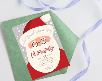 May include: A Christmas party invitation with a cartoon Santa Claus illustration. The text reads "Eat, Drink & be merry Christmas party! SUN | 15 | DEC The Smith's Residence Festive Drinks at 4pm Party Outfits:  Ballgown RSVP Emily at 123-456-7890"