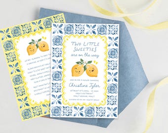 Zwei Sweeties Lemon Babyparty Einladung, Zwillingsparty, handgezeichnete Lemon Citrus Mediterrane Babyparty Bearbeitbare Vorlage Download
