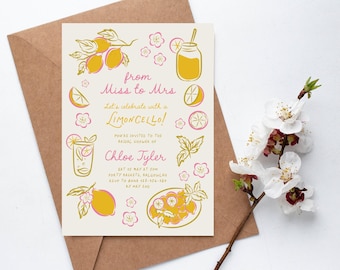 Zitrone Brautdusche Einladung Gelb Streifen Limoncello Bachelorette Sommer Braut Brunch Handgezeichnete Zitrus bearbeitbare digitale Vorlage