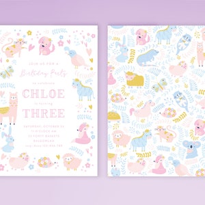 Farm Animal Birthday Invitation Template, Girls Farm Birthday Party, Printable Modern Farm Animal Pastel Pink, Editable Digital Invitation