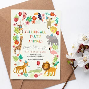 Safari Birthday Party Invite Editable Template, Modern Colorful Cute Safari Jungle Animals, Calling all Party Animals INSTANT DOWNLOAD M115