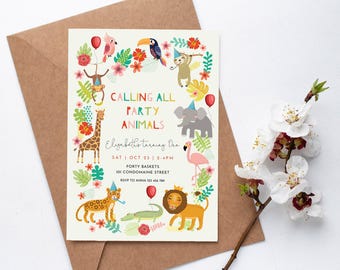 Safari Birthday Party Invite Editable Template, Modern Colorful Cute Safari Jungle Animals, Calling all Party Animals INSTANT DOWNLOAD M115