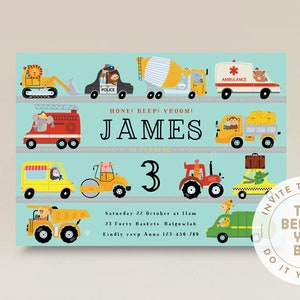 May include: A blue and yellow birthday invitation featuring a cartoon illustration of various vehicles. The invitation reads "Hone! Beep! Vroom! James is turning 3" and includes the date, time, and location of the party.