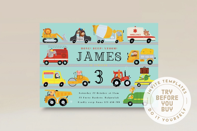 May include: A blue and yellow birthday invitation featuring a cartoon illustration of various vehicles. The invitation reads "Hone! Beep! Vroom! James is turning 3" and includes the date, time, and location of the party.