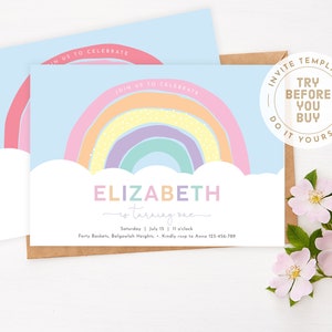 May include: A printable rainbow-themed birthday invitation for a girl turning one. The invitation features a rainbow with a cloud and the text "Elizabeth is turning one".