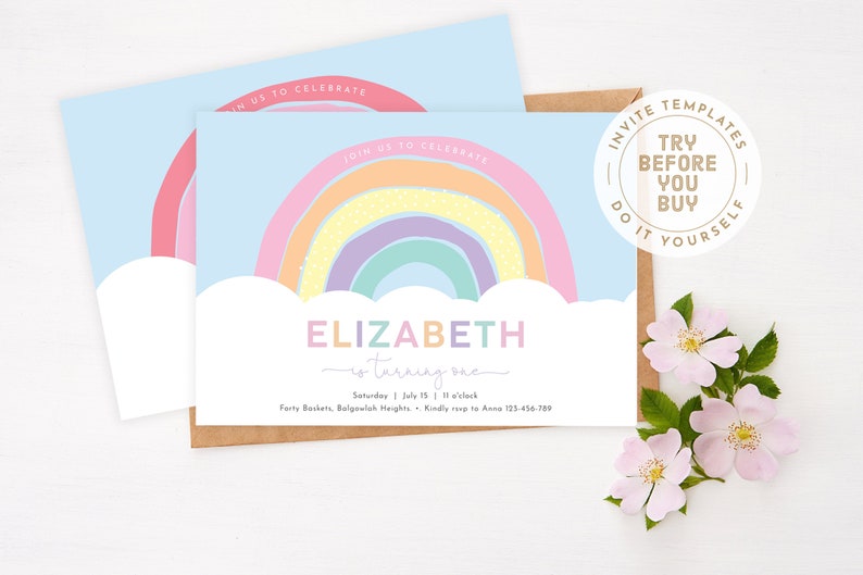 May include: A printable rainbow-themed birthday invitation for a girl turning one. The invitation features a rainbow with a cloud and the text "Elizabeth is turning one".