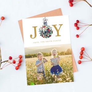Christmas Card with Photo, Joy Christmas, Family Picture, Holiday Card 2020, Minimalistic Modern Simple, Christmas Photo Card, Red Robin image 1