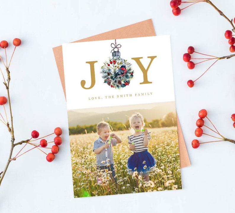 Christmas Card with Photo, Joy Christmas, Family Picture, Holiday Card 2020, Minimalistic Modern Simple, Christmas Photo Card, Red Robin image 1