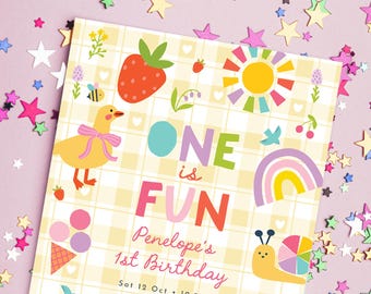 Editable First Birthday Party Invitation, Pastel Rainbow Strawberries Butterflies, Girls One is Fun, 1st Birthday Template Digital Download