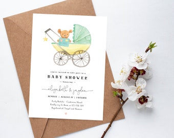 Pram Baby Shower Invite, Gender Neutral Baby Shower, Stroller, Baby Carriage, Vintage pram with Baby Toys, Mom to be Baby Shower Party, M028