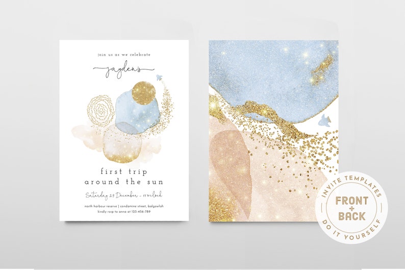 May include: A printable invitation template for a baby's first birthday party. The front of the invitation features a watercolor design with blue and pink abstract shapes and gold glitter. The text on the front reads "Join us as we celebrate Jayden's first trip around the sun. Saturday 23 December - Ireland. North Harbour Reserve | Condamine Street, Balgowlah. Kindly RSVP to Anna or 02 933 456 789". The back of the invitation features a similar watercolor design with gold glitter.