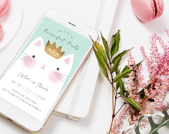 Cat Birthday Invitation: Girls Kitty Party, Modern Text Invite (Digital DIY Download)