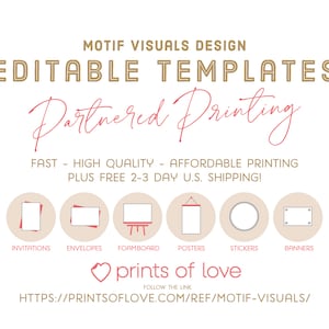May include: Editable templates for invitations, envelopes, foamboard, posters, stickers, and banners. The text reads "Partnered Printing" and "Prints of Love".