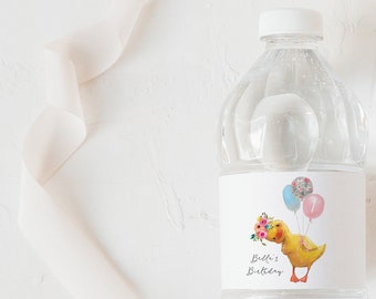 Girls Birthday Water Bottle Label, Duck, Cute Duckling, Floral Duckling Birthday Party, Water Label, Party Favor Duck Labels, modern, M027