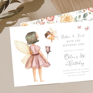 May include: A white invitation card with a floral pattern border. The card features a watercolor illustration of a fairy with wings and a flower. The text on the card reads "Flutter & Twirl with the Birthday Girl" and "Chloe's 5th Birthday".