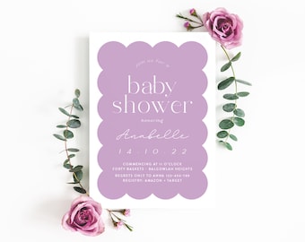 Lilac Baby Shower Invitation | curvy border scallop | minimalistic modern baby sprinkle invite | gender neutral shower | couples shower m057