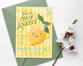 Unser Main Squeeze 1. Geburtstagseinladung, Zitrone Erster Geburtstag Jungen, handgezeichnetes Lemon Citrus Main Squeeze Foto einladen Sofort-Download