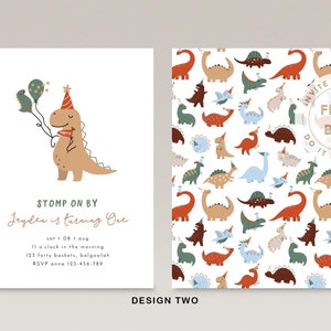 May include: A printable invitation for a dinosaur-themed first birthday party. The front of the invitation features a cartoon dinosaur holding balloons. The back of the invitation has a repeating pattern of dinosaurs in various colours.
