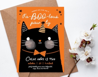 Schwarze Katzen-Geburtstagseinladung: Halloween Kitty Party, bearbeitbare Vorlage (Digitaler Download) M132