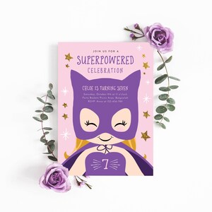 Superhero Birthday Invitation Girl, Super Girl Party, Pink Purple Minimalist Cute Blonde Superhero, Party hero, Editable Instant Download